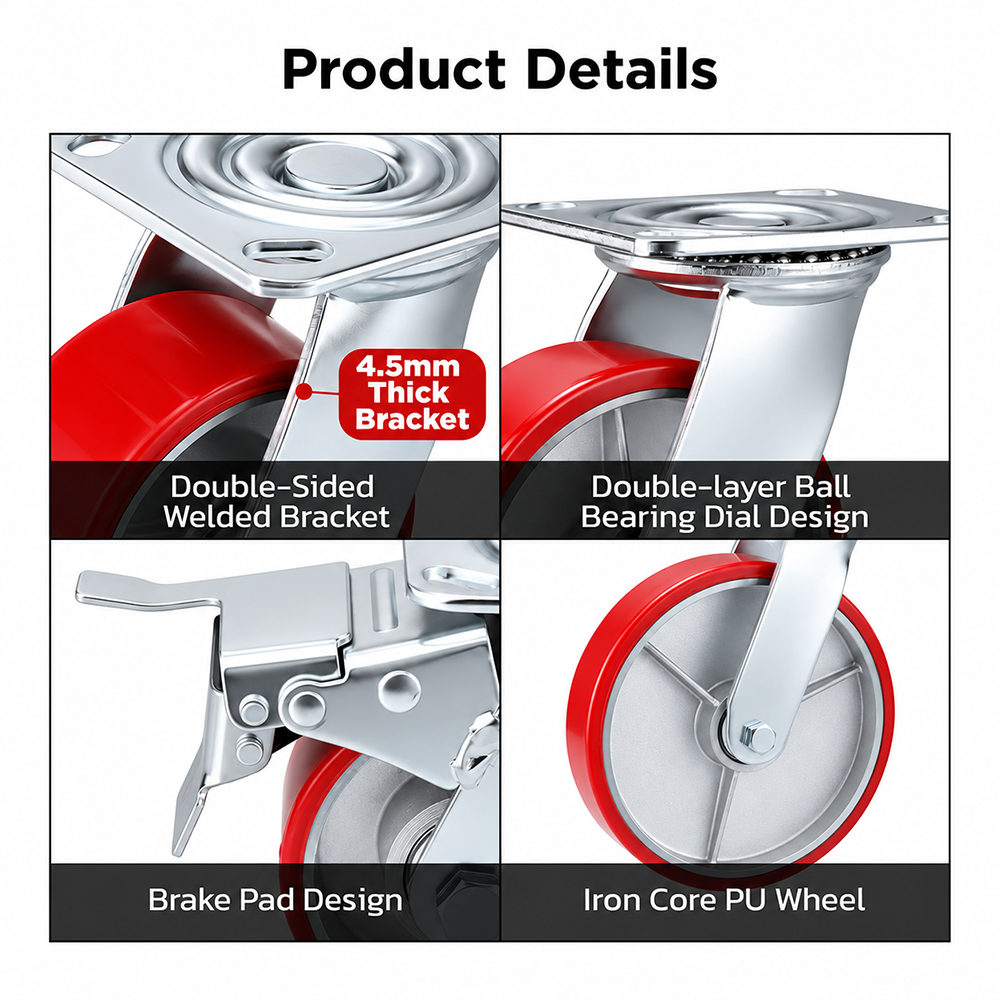 8 inch heavy duty swivel caster wheel with red PU iron core wheel, steel plate mount and brake or no-brake options