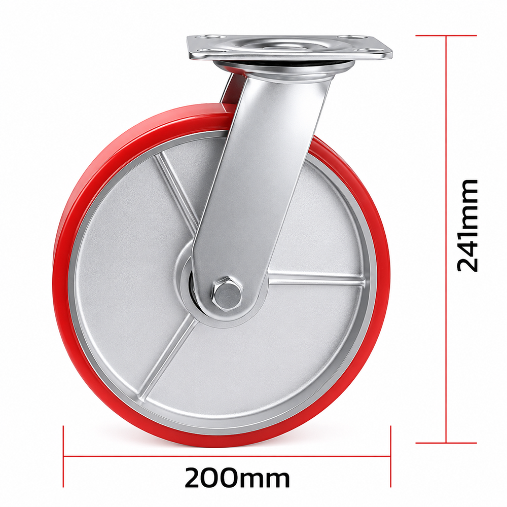 8 inch heavy duty swivel caster wheel with red PU iron core wheel, steel plate mount and brake or no-brake options