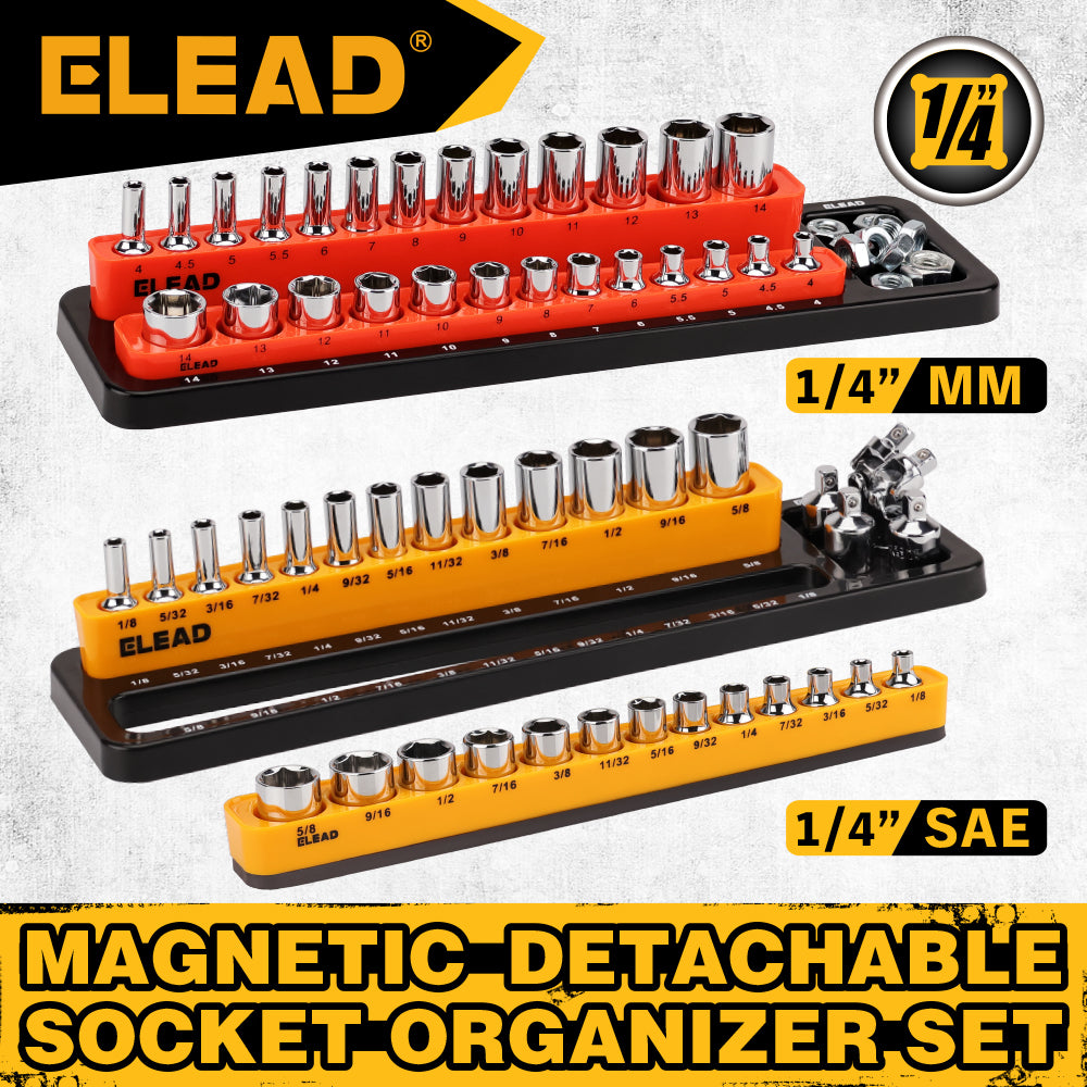 1/4-inch magnetic detachable socket organizer set for metric and SAE sockets, heavy-duty tray for toolboxes, carts, and workshop storage