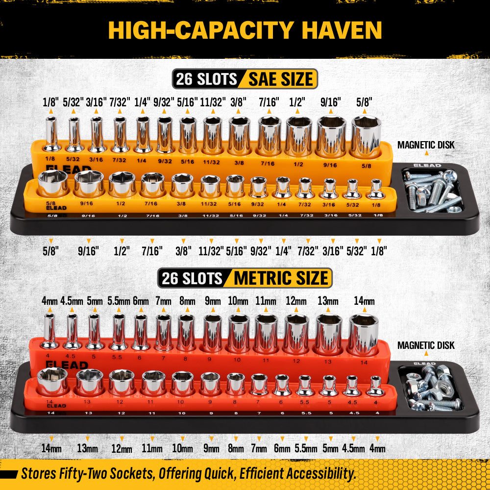1/4-inch magnetic detachable socket organizer set for metric and SAE sockets, heavy-duty tray for toolboxes, carts, and workshop storage