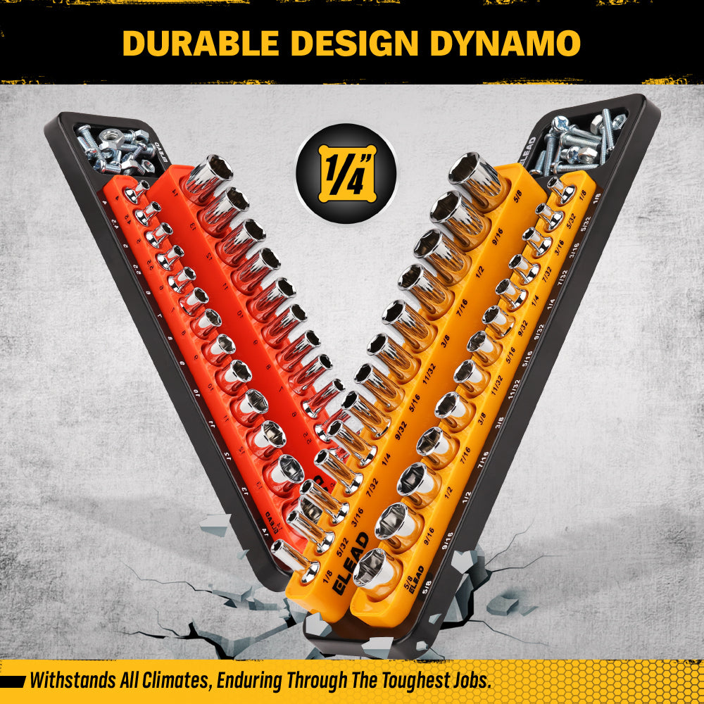 1/4-inch magnetic detachable socket organizer set for metric and SAE sockets, heavy-duty tray for toolboxes, carts, and workshop storage