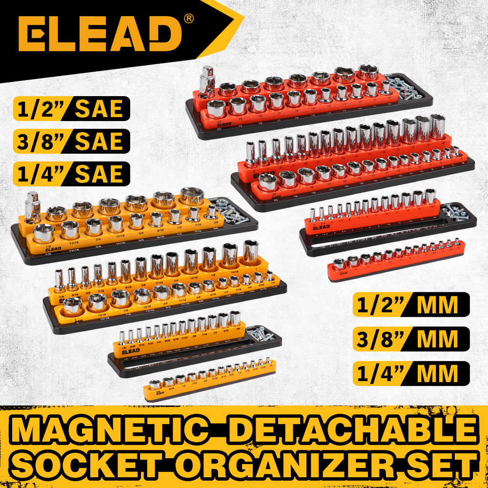Magnetic detachable socket organizer set with labeled SAE and metric trays for 1/4, 3/8 and 1/2 inch drive sockets, ideal for toolboxes, carts and workshops