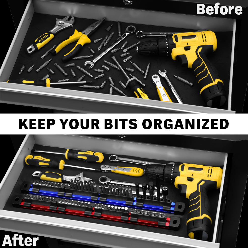 magnetic aluminium bit rail organizer set for 1/4 inch driver bits in red and blue