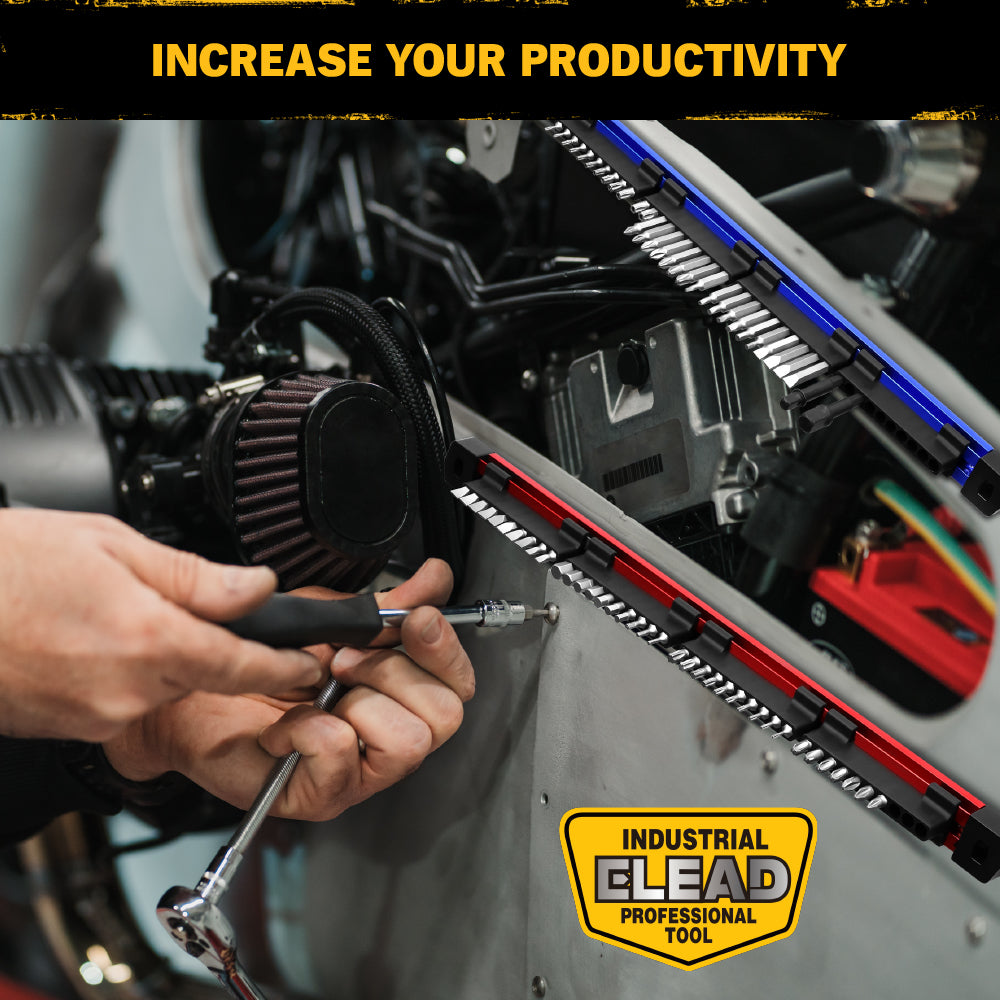 magnetic aluminium bit rail organizer set for 1/4 inch driver bits in red and blue