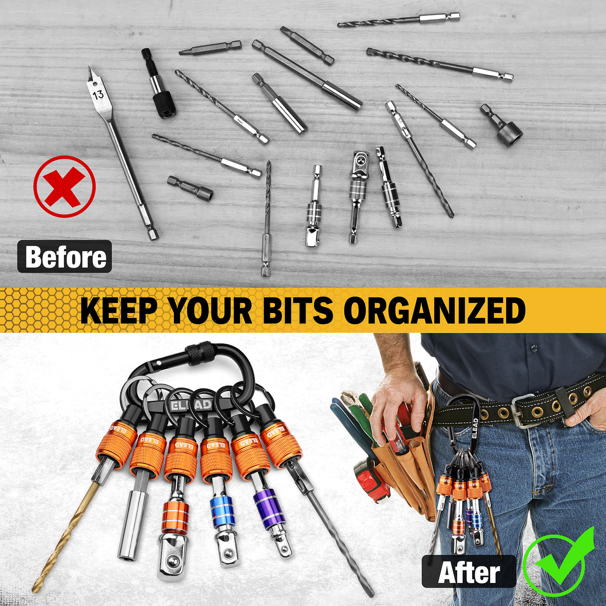 ELEAD 6-pack drill bit holder with quick release carabiner, 1/4 inch hex shank organisers for screwdriver and drill accessories