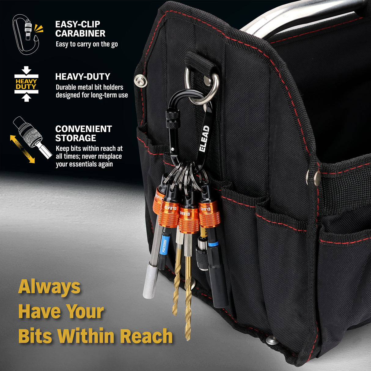 ELEAD 6-pack drill bit holder with quick release carabiner, 1/4 inch hex shank organisers for screwdriver and drill accessories