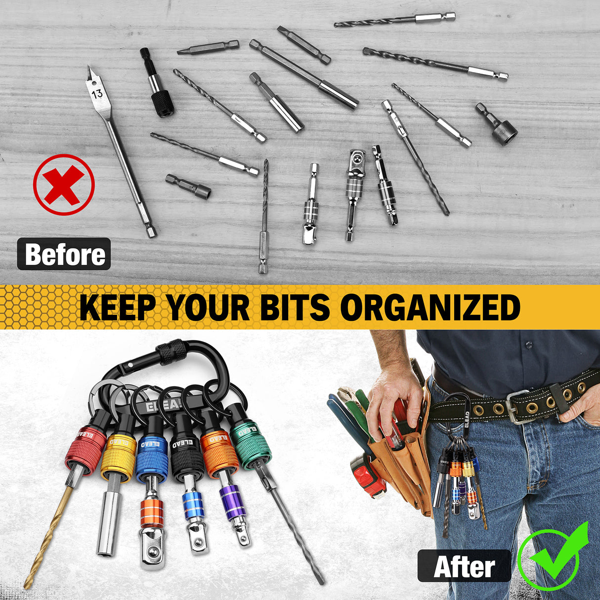 ELEAD 6-pack multi-colour drill bit holder with quick release carabiner, 1/4 inch hex shank organisers for screwdriver and drill accessories