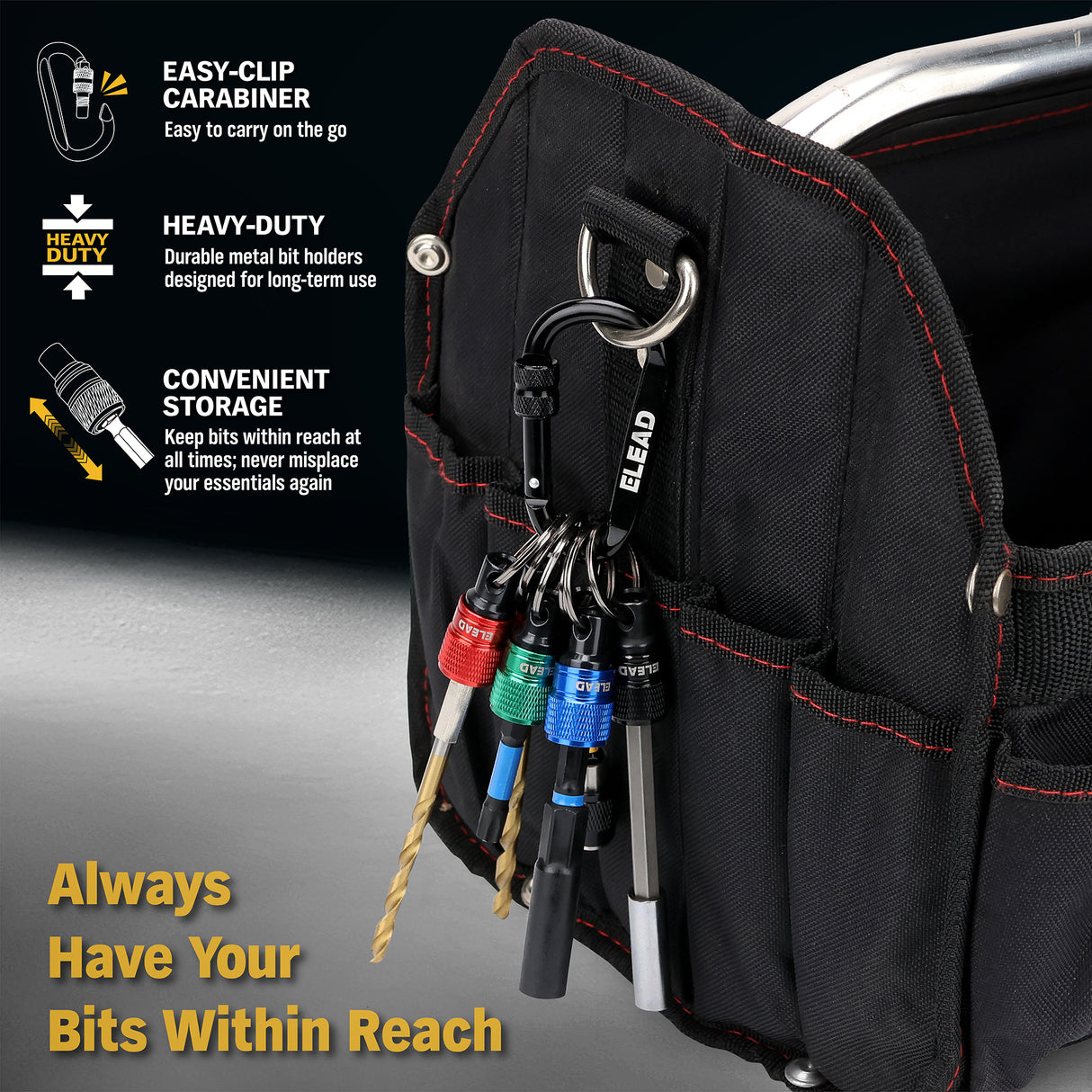 ELEAD 6-pack multi-colour drill bit holder with quick release carabiner, 1/4 inch hex shank organisers for screwdriver and drill accessories