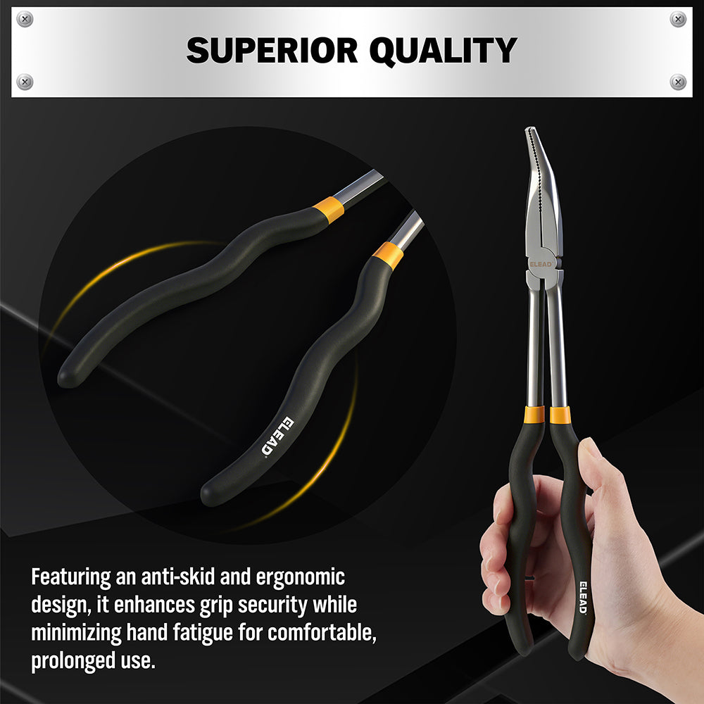 ELEAD 5-piece 11 inch long reach needle nose pliers set with straight, 45° and 90° bent jaws, magnetic racks and rolling pouch