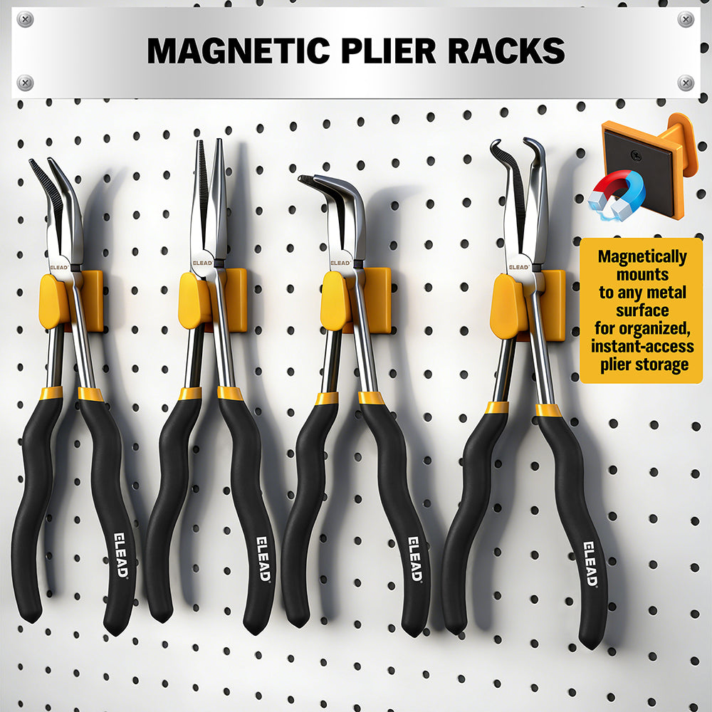 ELEAD 5-piece 11 inch long reach needle nose pliers set with straight, 45° and 90° bent jaws, magnetic racks and rolling pouch