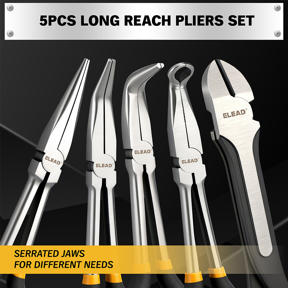 ELEAD 5-piece 11 inch long reach needle nose pliers set with straight, 45° and 90° bent jaws, magnetic racks and rolling pouch