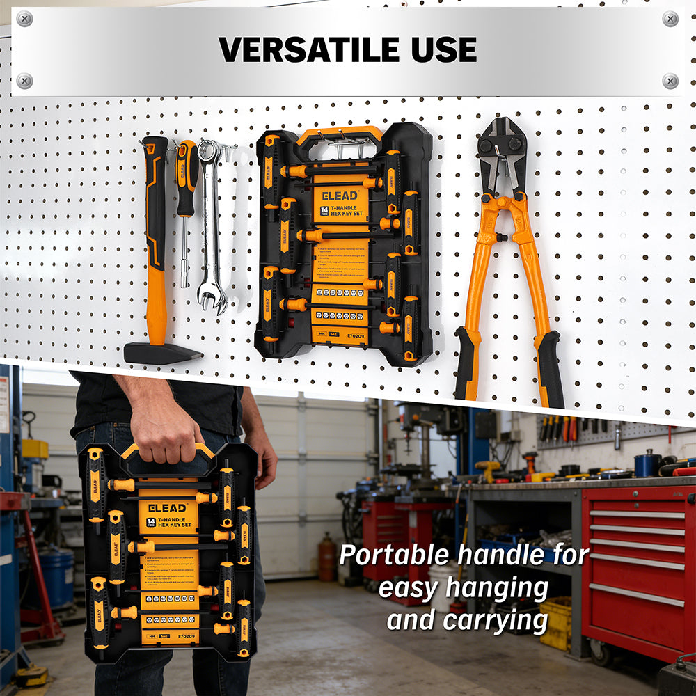 14 piece T handle hex key set CR-V steel metric SAE allen wrench long arm ergonomic grip tool set for automotive repair garage