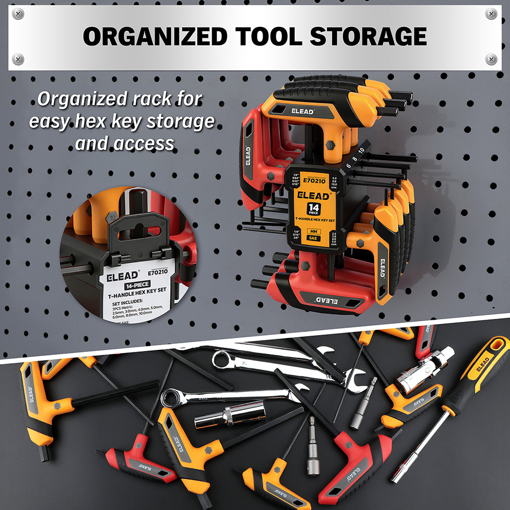 14 piece T handle hex key set CR-V steel metric SAE allen wrench ergonomic grip long arm hex key set for automotive repair