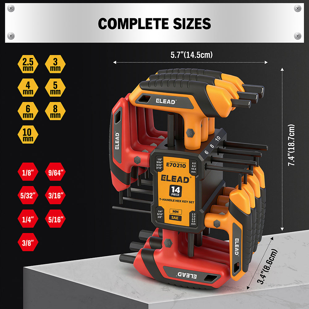 14 piece T handle hex key set CR-V steel metric SAE allen wrench ergonomic grip long arm hex key set for automotive repair