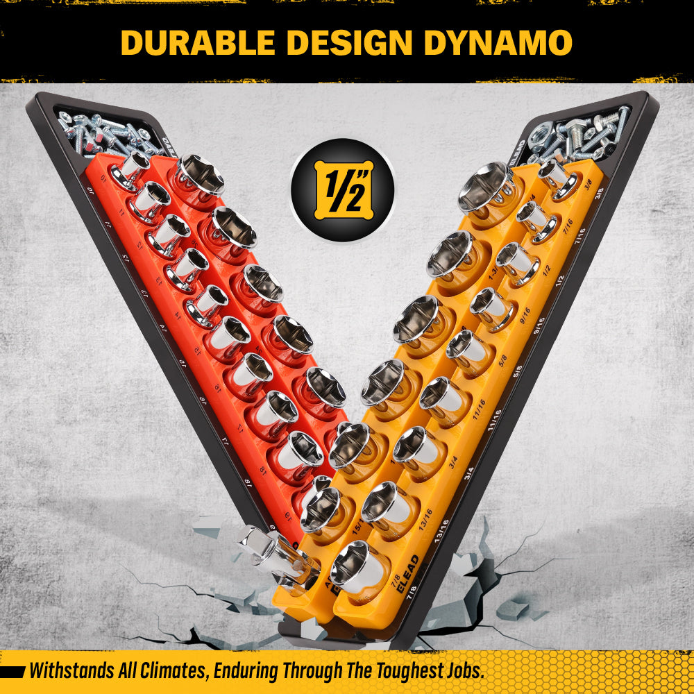 1/2-inch magnetic detachable socket organizer set for MM and SAE sockets, heavy-duty tool storage tray for workshops, tool carts, and garages