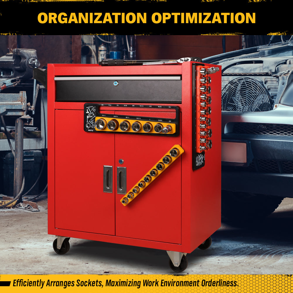 1/2-inch magnetic detachable socket organizer set for MM and SAE sockets, heavy-duty tool storage tray for workshops, tool carts, and garages