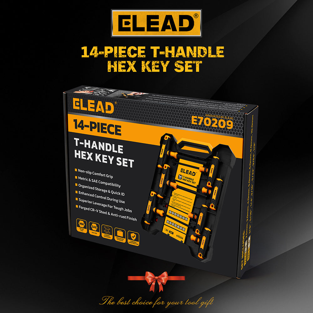 14 piece T handle hex key set CR-V steel metric SAE allen wrench long arm ergonomic grip tool set for automotive repair garage