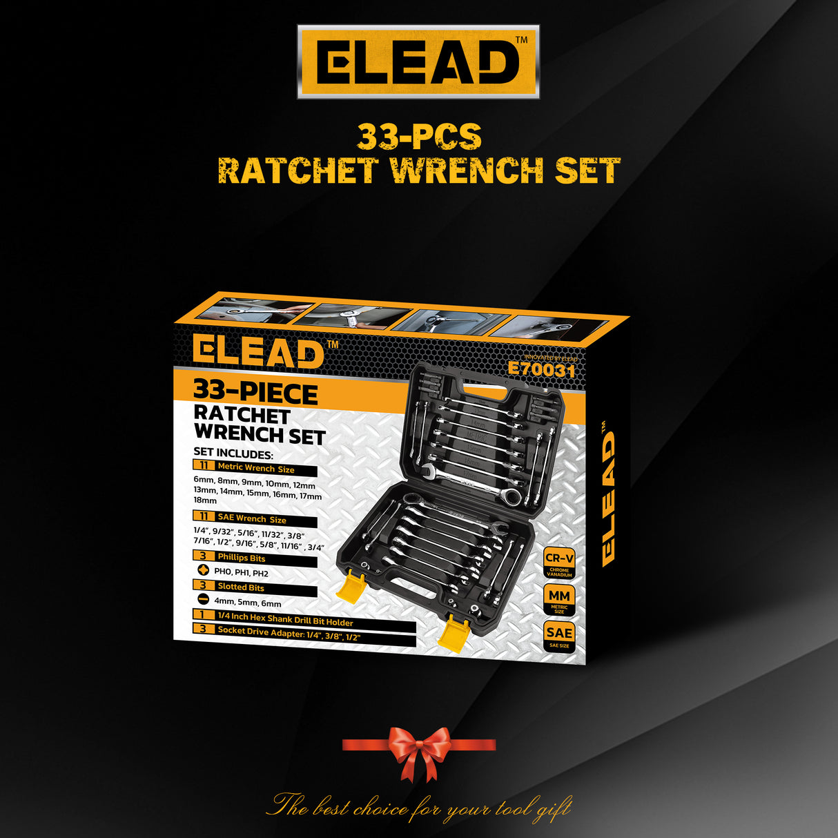 33 piece ratcheting wrench set SAE and metric 72 tooth CR-V combination wrench set with socket adapters bits and storage case