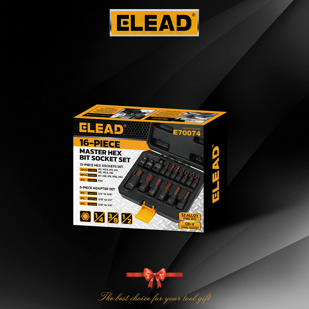 ELEAD 16PCS Master Hex Bit Socket Set with S2 Alloy Steel Bits, CR-V Sockets, Adapters, and Portable Storage Case for Automotive and Workshop Use