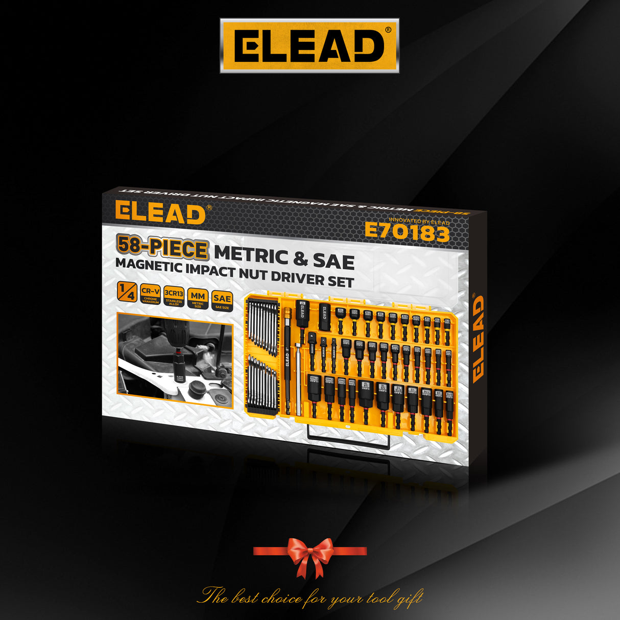 58-piece magnetic impact nut driver set with SAE and metric sizes, CR-V steel nut drivers, extensions, mini wrench set and magnetic pickup tool