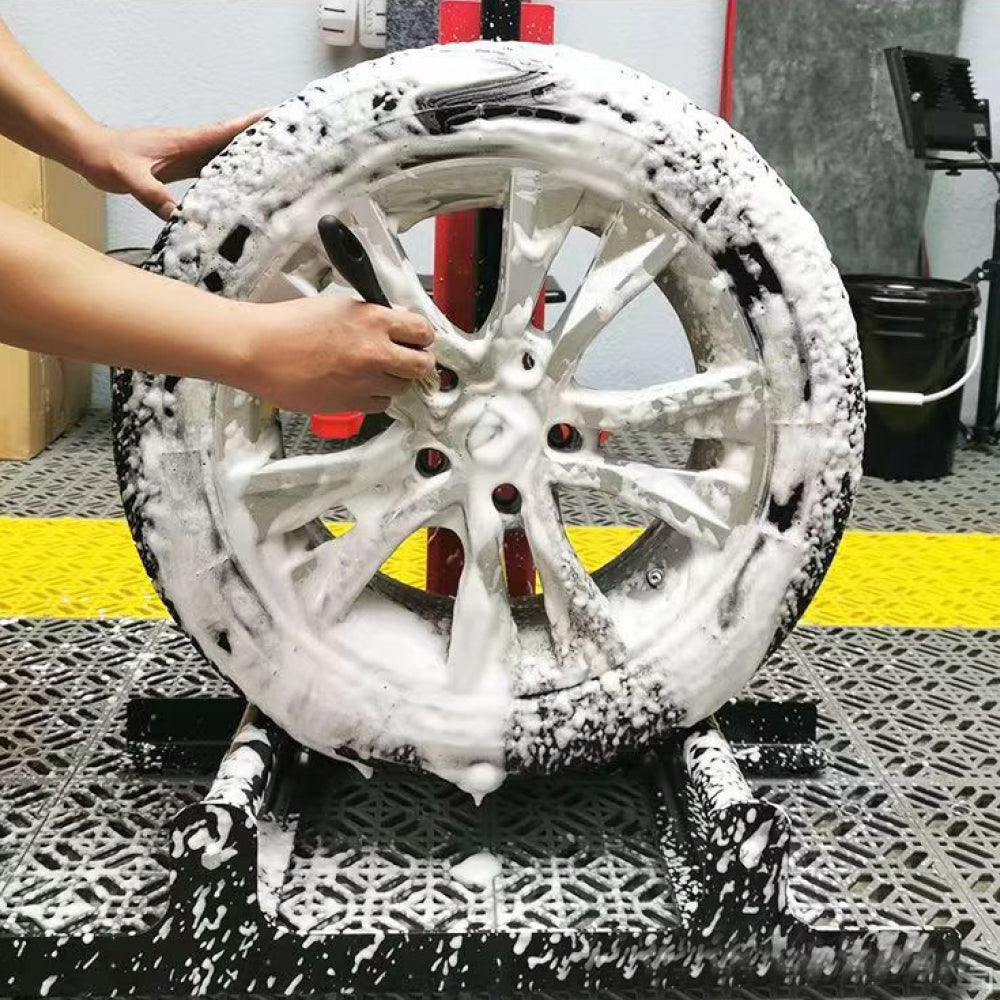 Car tire and wheel cleaning stand with roller support for safe and efficient wheel detailing