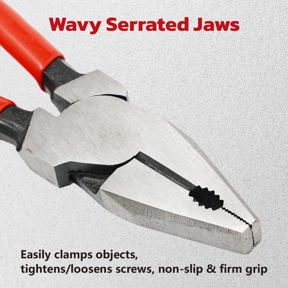 9 inch industrial wire pliers with wavy serrated jaws, 3-in-1 design for clamping, fastening and cutting steel wire with PVC grip handles