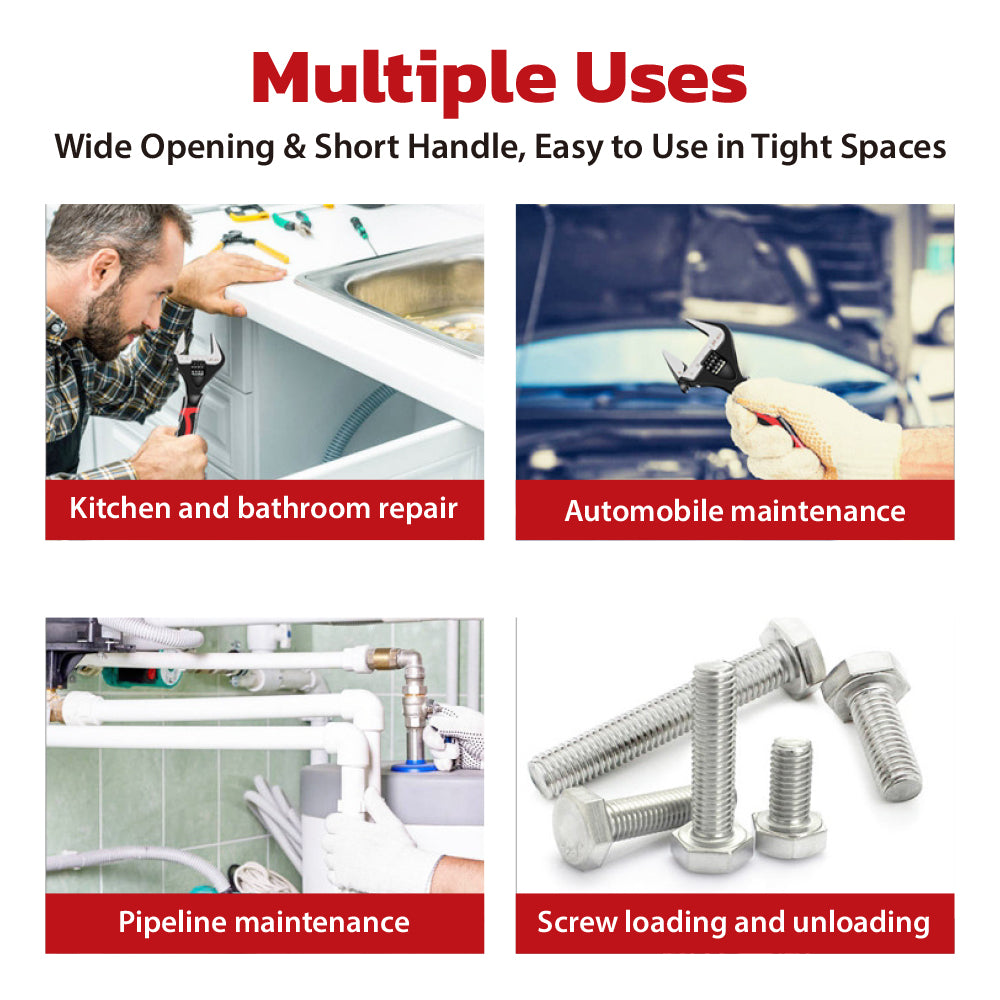 Wide opening adjustable wrench set with laser scale, short handle design and rubber grip, including 6-inch and 10-inch spanners for plumbing and mechanical work