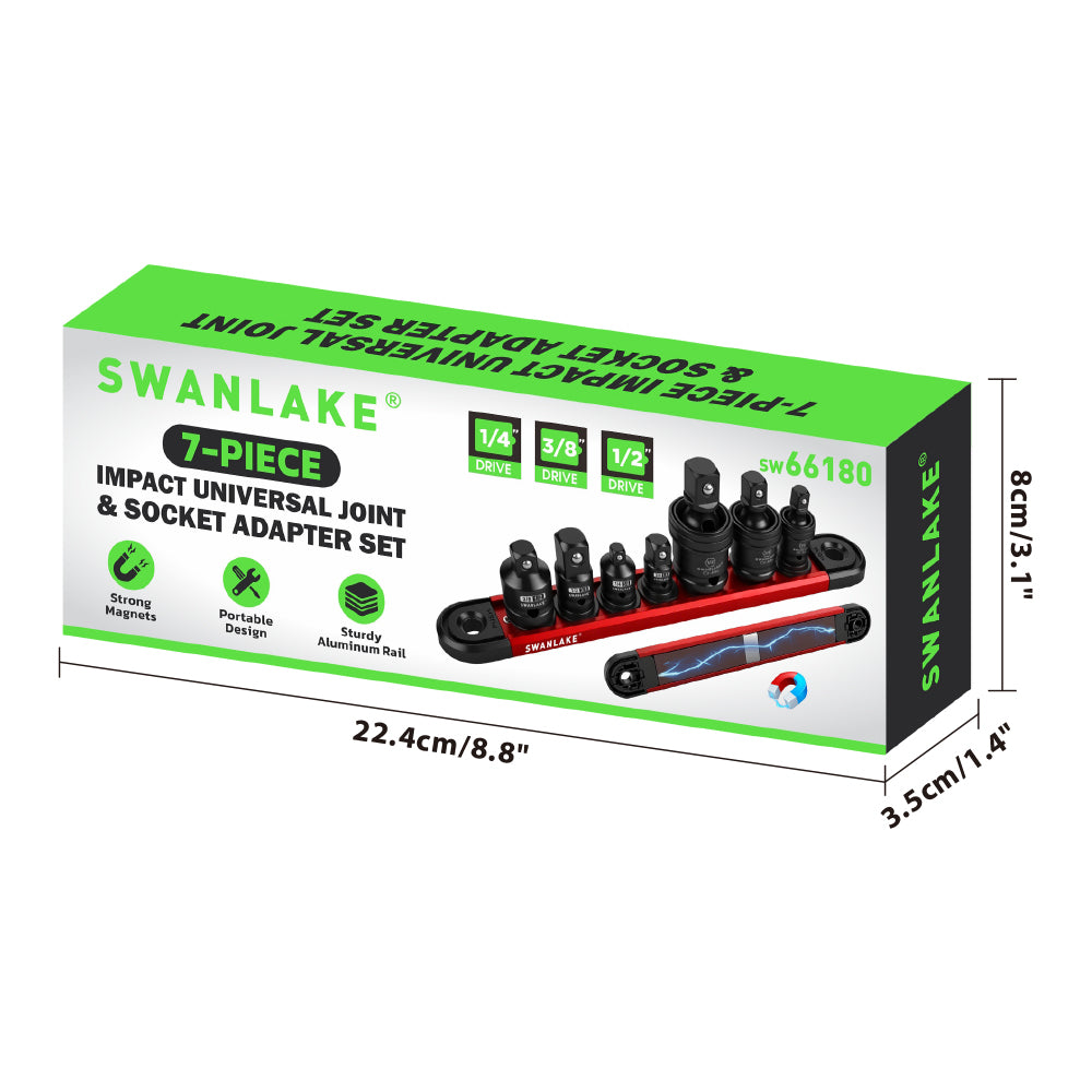 SWANLAKE 7-Piece Impact Universal Joint & Socket Adapter Set, 1/4 3/8 1/2 Drive, CR-Mo Steel with Magnetic Socket Rail