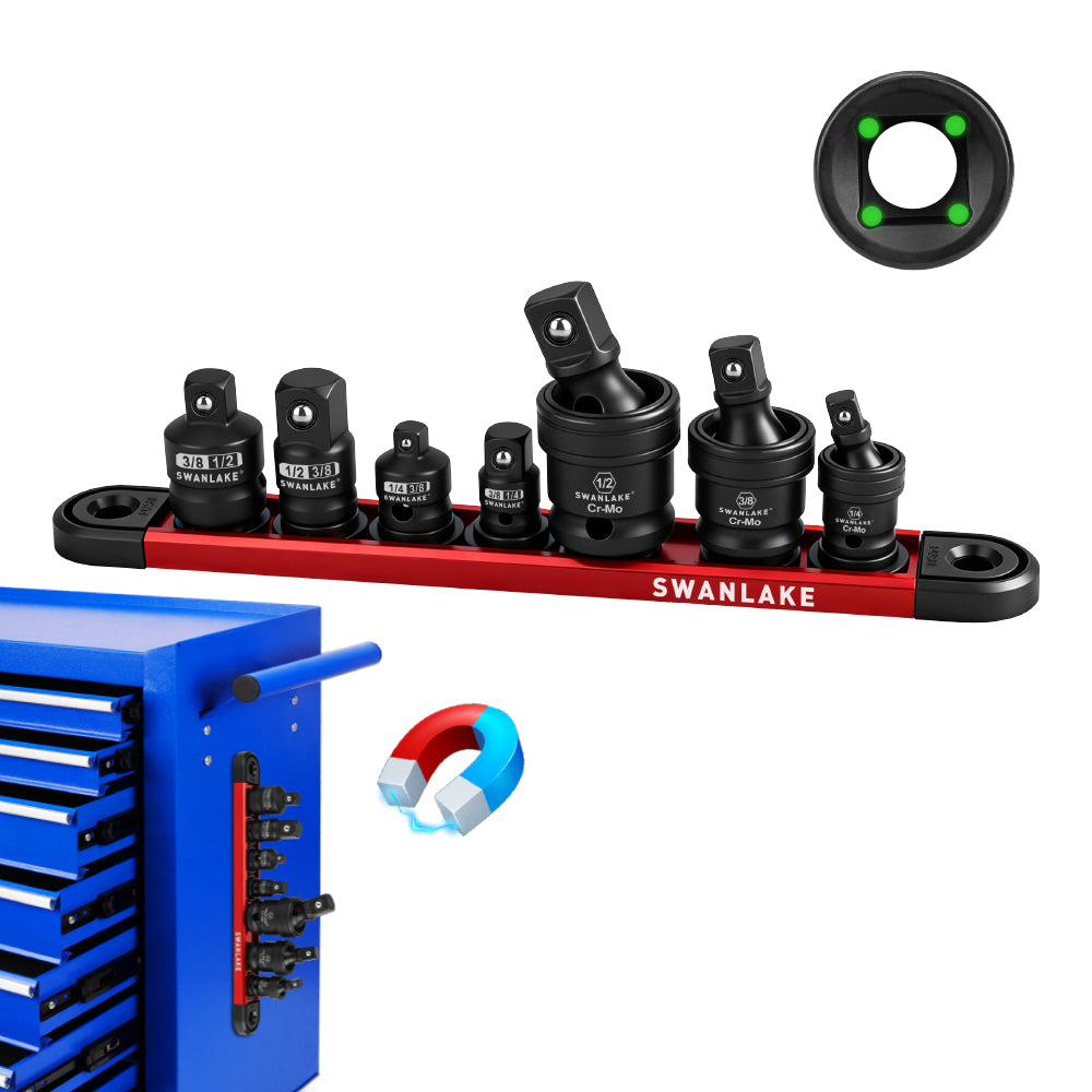 SWANLAKE 7-Piece Impact Universal Joint & Socket Adapter Set, 1/4 3/8 1/2 Drive, CR-Mo Steel with Magnetic Socket Rail