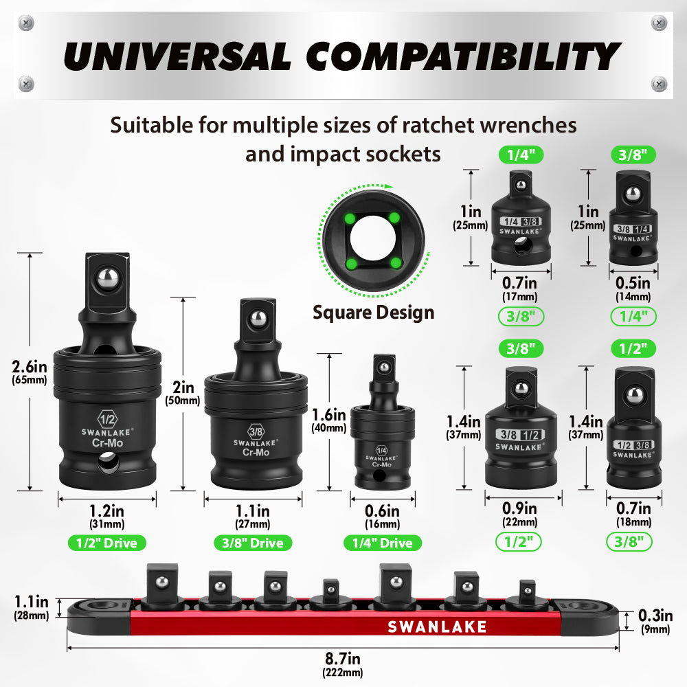 SWANLAKE 7-Piece Impact Universal Joint & Socket Adapter Set, 1/4 3/8 1/2 Drive, CR-Mo Steel with Magnetic Socket Rail