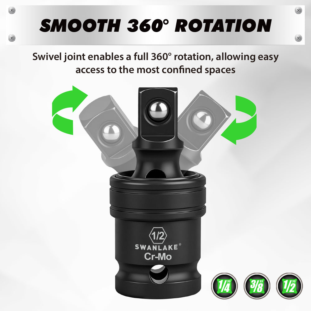 SWANLAKE 7-Piece Impact Universal Joint & Socket Adapter Set, 1/4 3/8 1/2 Drive, CR-Mo Steel with Magnetic Socket Rail