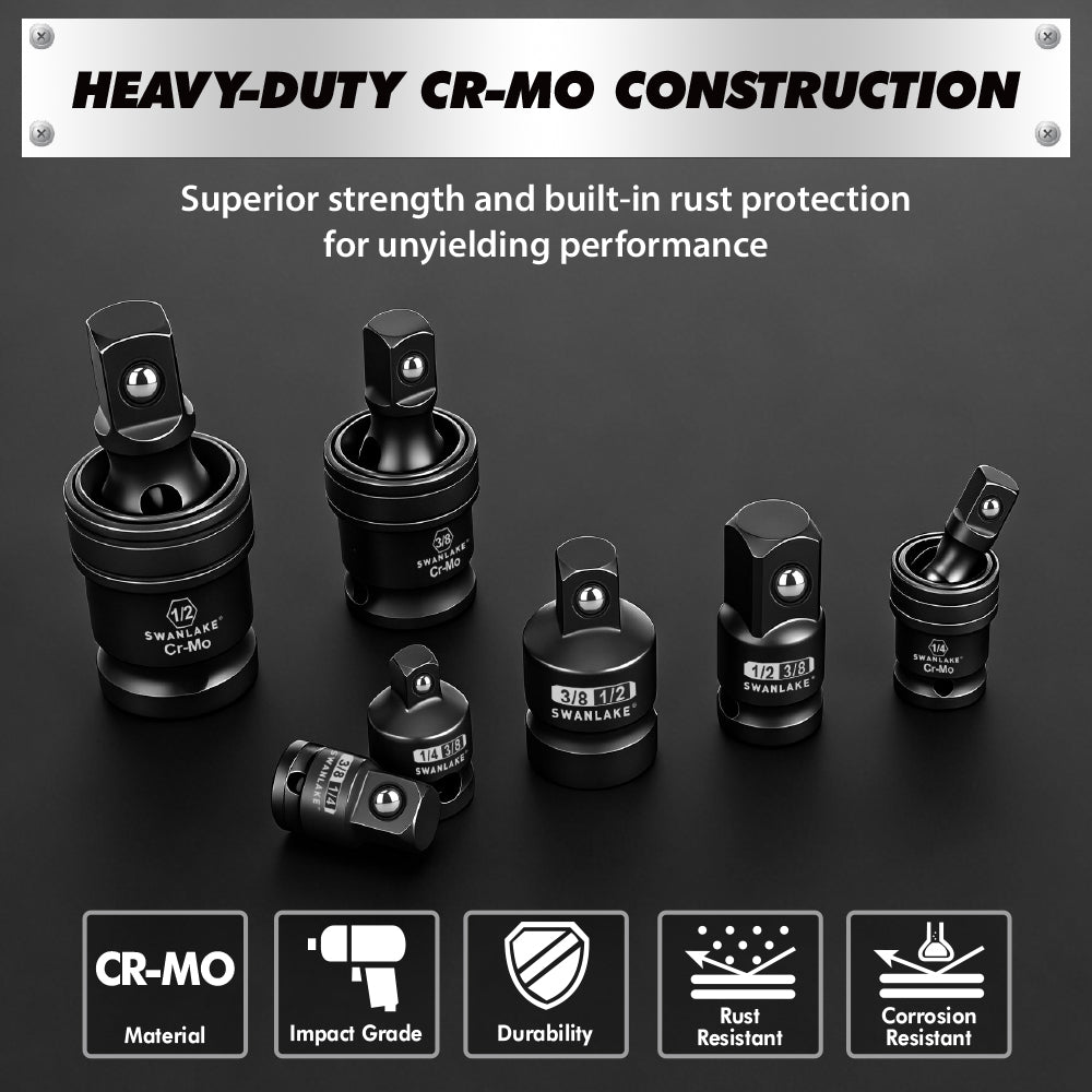 SWANLAKE 7-Piece Impact Universal Joint & Socket Adapter Set, 1/4 3/8 1/2 Drive, CR-Mo Steel with Magnetic Socket Rail
