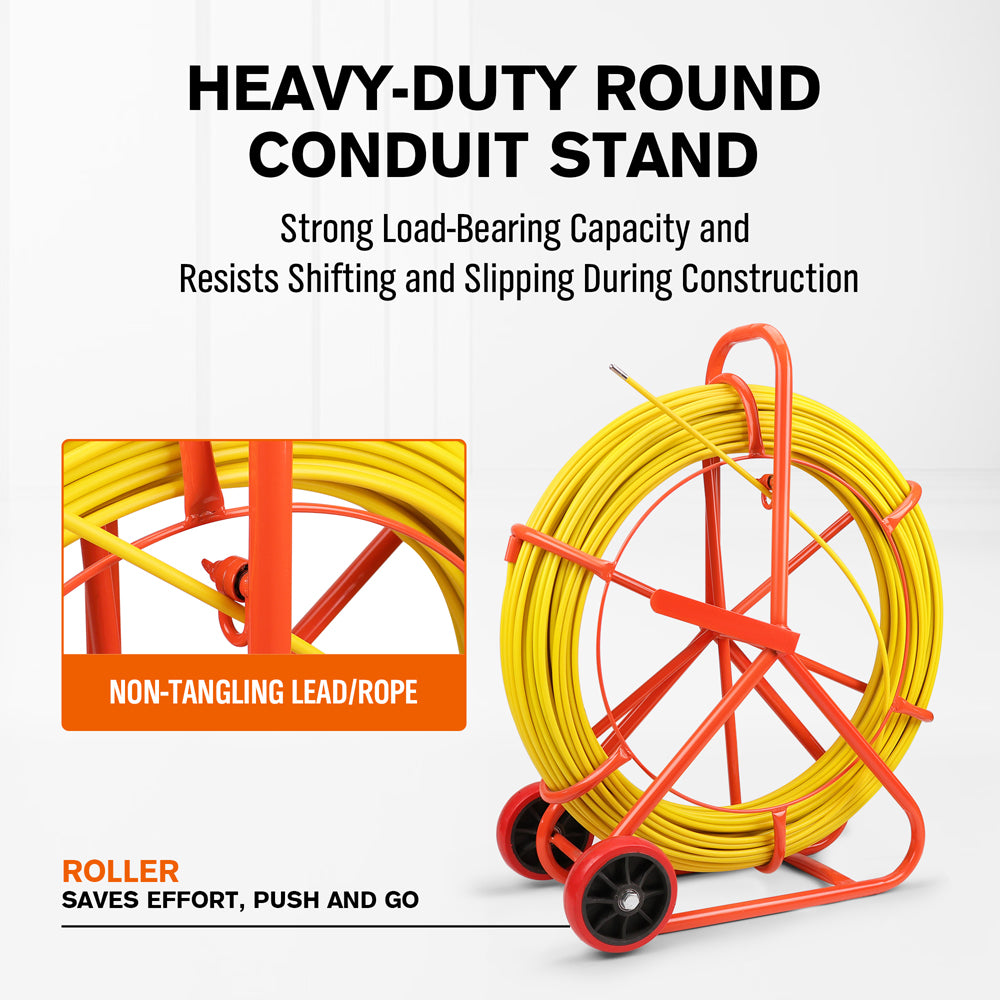 HORUSDY 150M 8mm fish tape puller with dual-wheel frame, flexible conduit rodder tool for electricians and cable installation