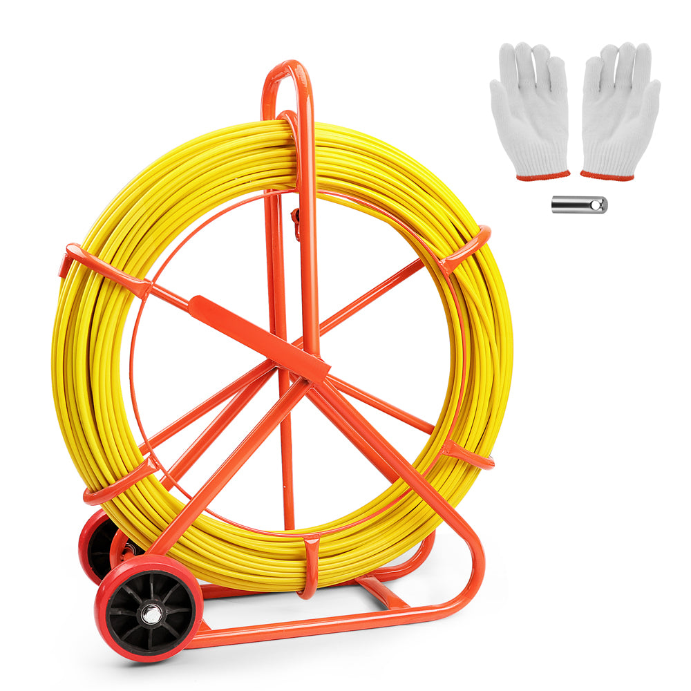 HORUSDY 150M 8mm fish tape puller with dual-wheel frame, flexible conduit rodder tool for electricians and cable installation