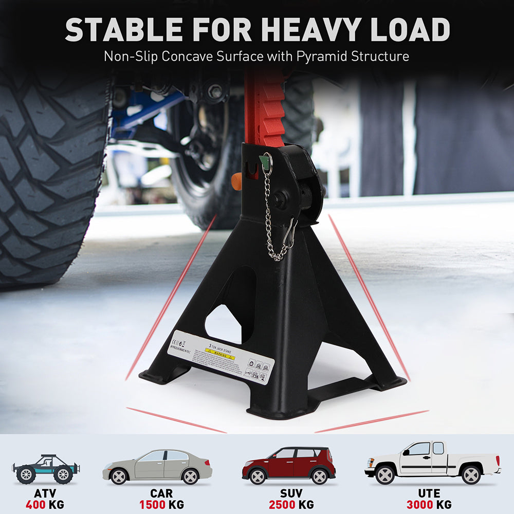 3-Ton car jack stand with double safety locking system, adjustable height, heavy-duty vehicle support