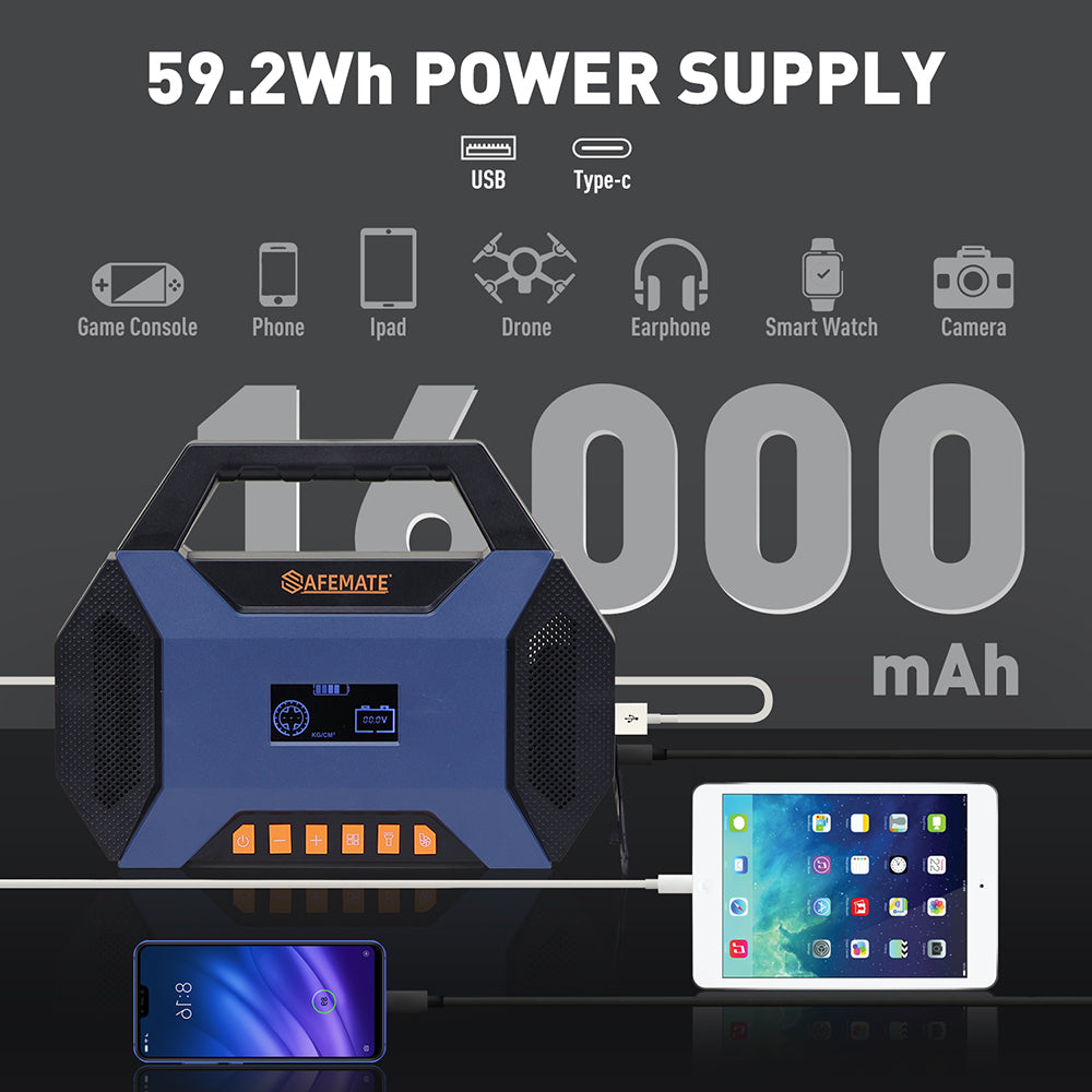 4500A portable car jump starter with air compressor, LED light, USB power bank, and tire inflator for cars, SUVs, motorcycles, and emergency roadside use.