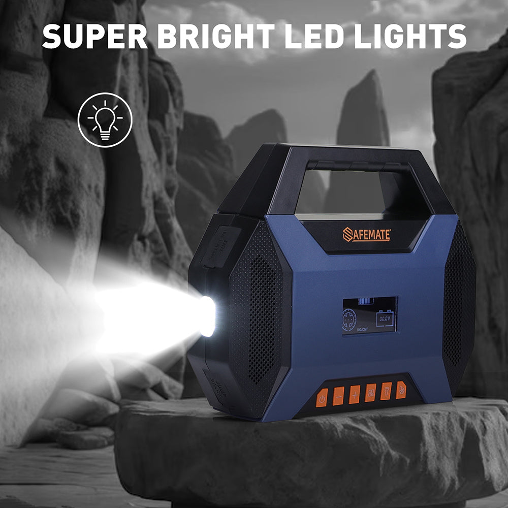 4500A portable car jump starter with air compressor, LED light, USB power bank, and tire inflator for cars, SUVs, motorcycles, and emergency roadside use.