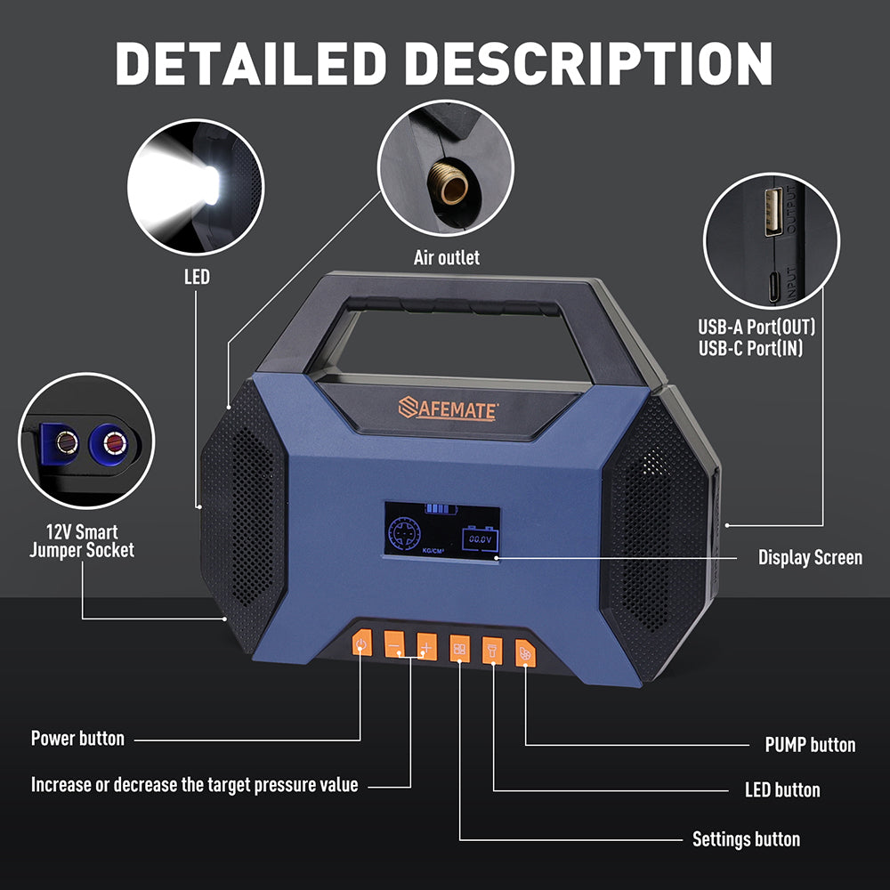4500A portable car jump starter with air compressor, LED light, USB power bank, and tire inflator for cars, SUVs, motorcycles, and emergency roadside use.