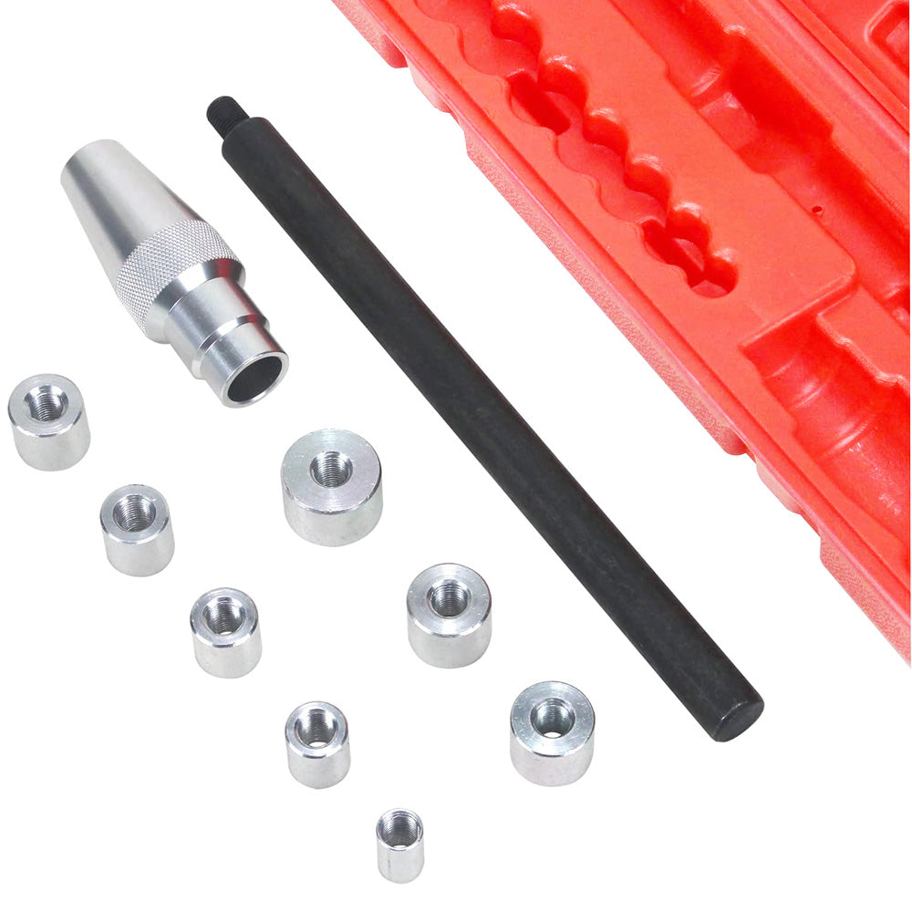 10-piece clutch alignment tool set for cars, includes metal adaptors and alignment shaft in red storage case for mechanics and workshops