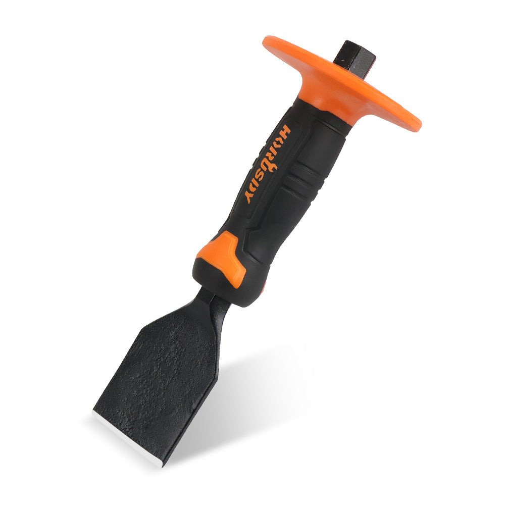 heavy-duty masonry brick chisel with rubber handle and hand guard for stone and concrete cutting