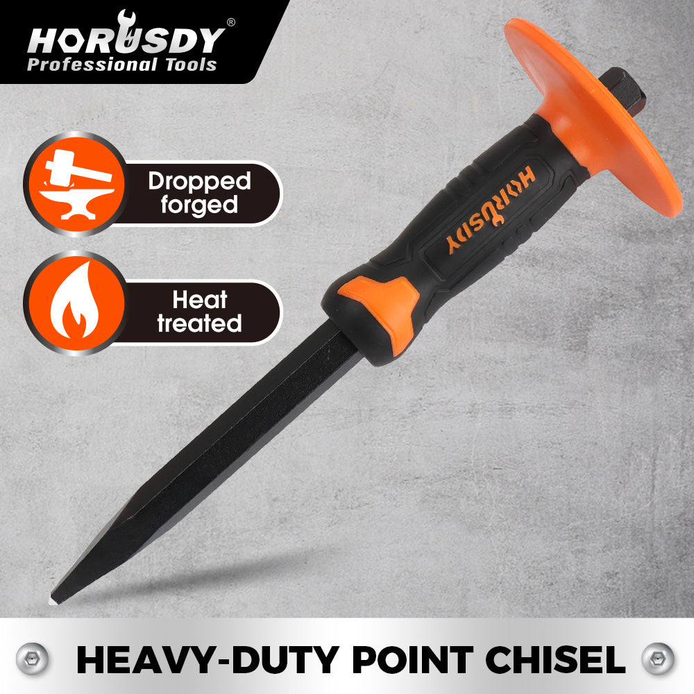 heavy-duty point chisel with rubber handle and safety guard for brick, stone, and concrete breaking