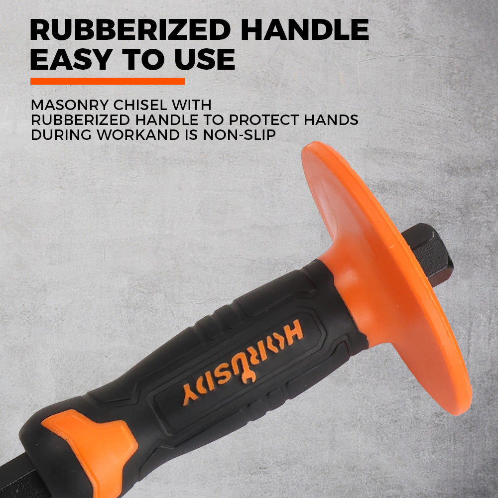 heavy-duty point chisel with rubber handle and safety guard for brick, stone, and concrete breaking