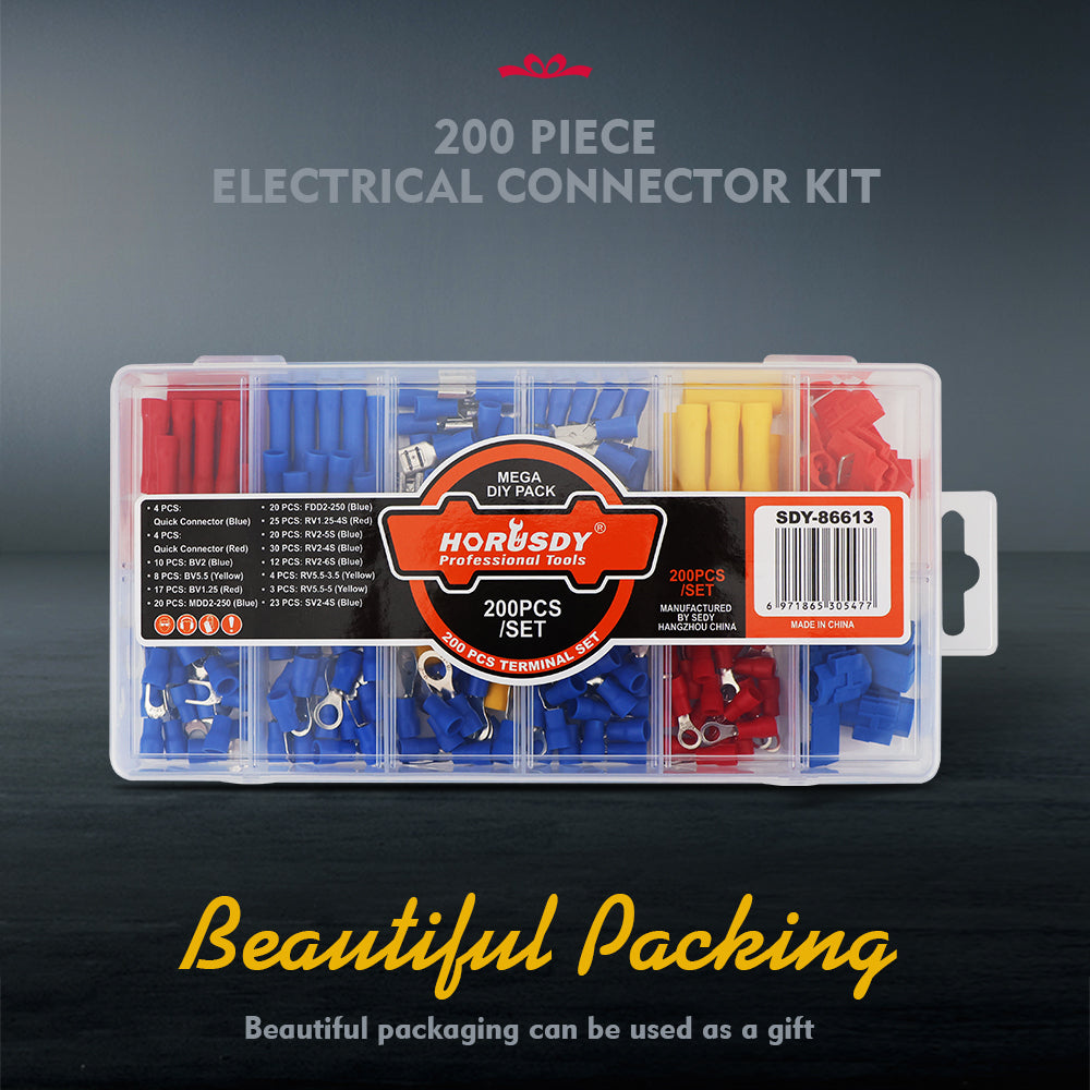 200-piece electrical connector kit with insulated crimp terminals and quick connectors for automotive and electrical wiring