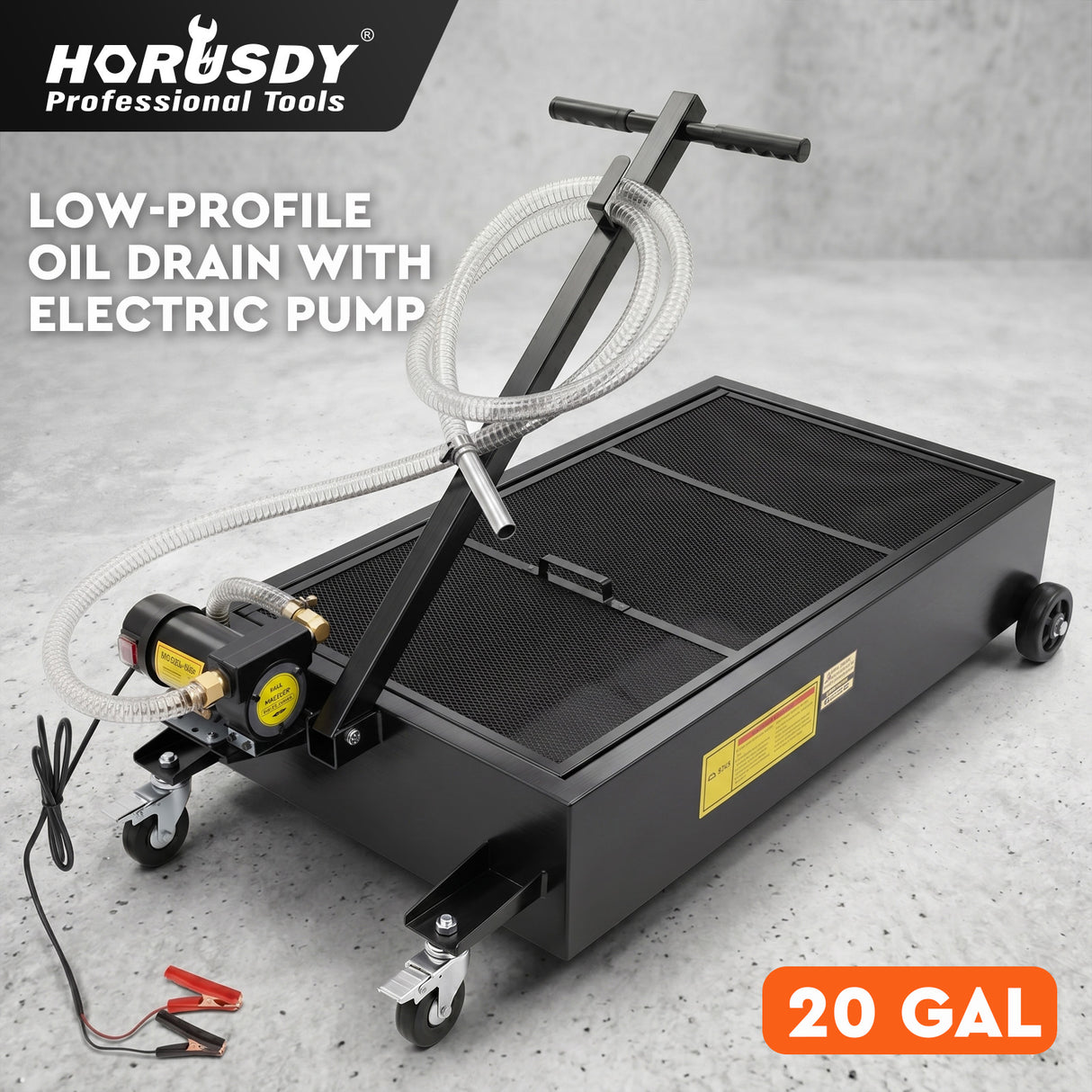 20 gallon low profile oil drain pan with electric pump, mesh filter, drain hose, T-handle and wheels for automotive oil changes