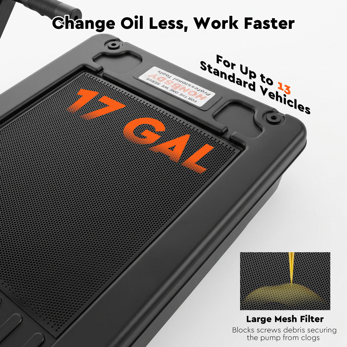 17 gallon rolling oil drain pan with electric pump, low profile oil drainer and long hose for automotive oil changes and garage maintenance