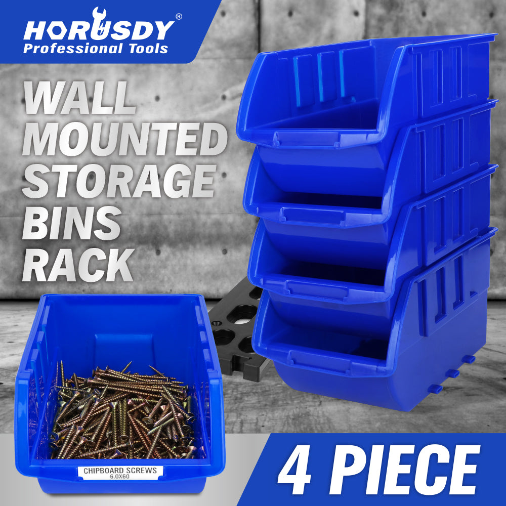 wall mounted storage bins rack with 4 stackable blue bins for garage workshop parts organization
