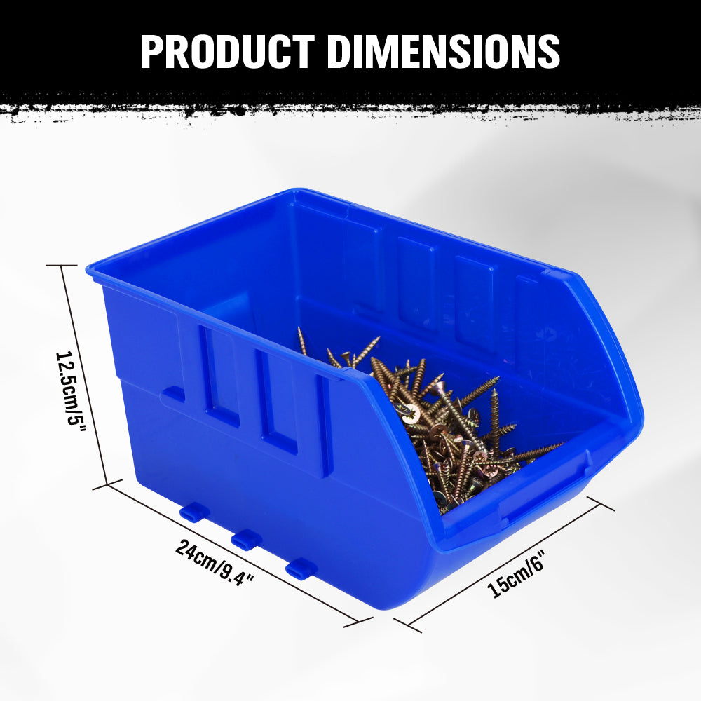 wall mounted storage bins rack with 4 stackable blue bins for garage workshop parts organization