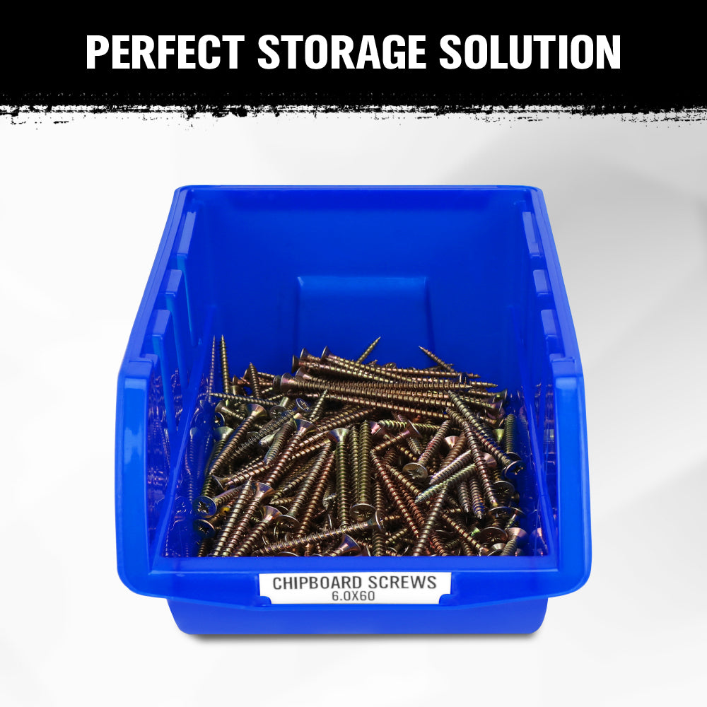 HORUSDY 4-Piece Wall Mounted Storage Bins Rack, Stackable Parts Organizer with Mounting Rail for Garage Shed Workshop (Blue)