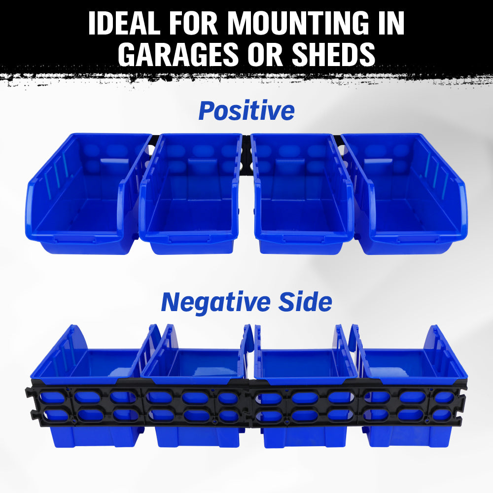 wall mounted storage bins rack with 4 stackable blue bins for garage workshop parts organization
