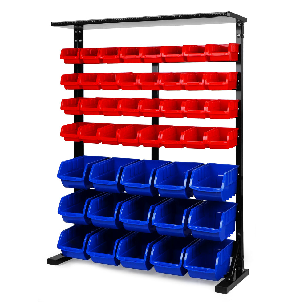 metal storage bin rack with red and blue bins and top tray for garage workshop parts organization
